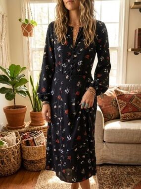 Promesa Floral Button-Front Midi Dress Peasant Cottagecore Farmhouse Boho Chic S